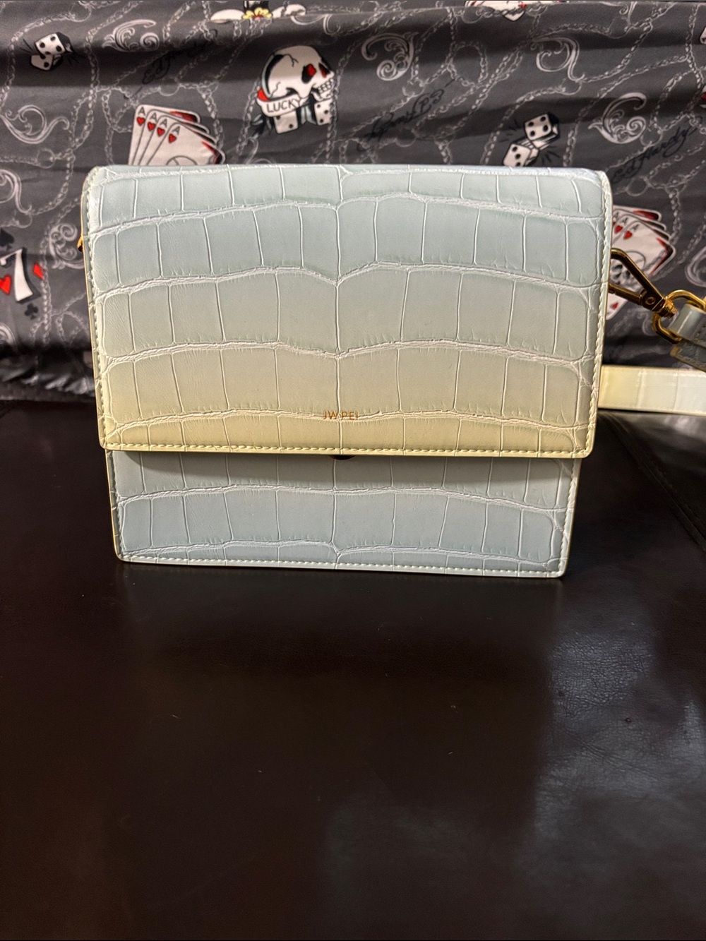 JW Pei Embossed Croc-Effect Leather Crossbody Bag in Pale Blue and Cream